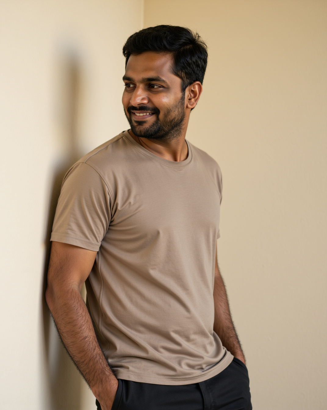 The Considered Tee in Taupe — on model