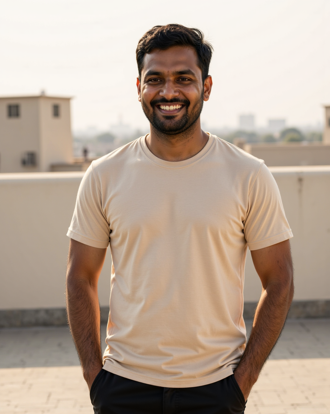 The Considered Tee in Oat — on model