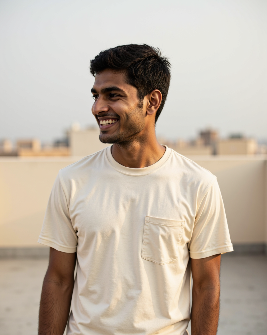 The Pocket Tee in Cream — on model