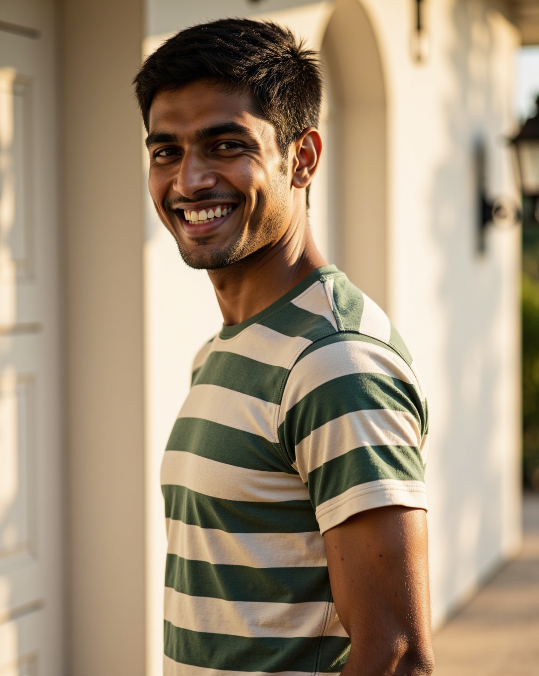 The Harbour Stripe Tee in Sage/Cream — on model