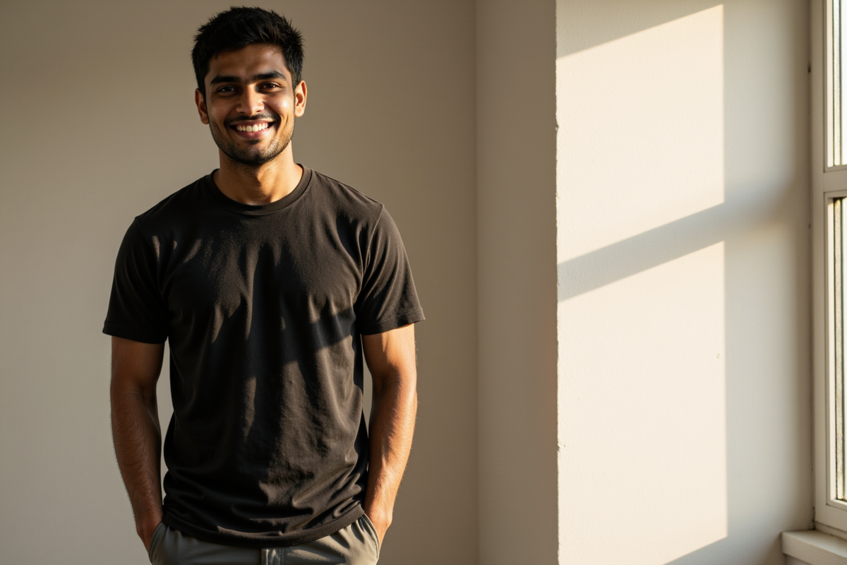 Tervan — editorial hero, charcoal textured crew tee by a window
