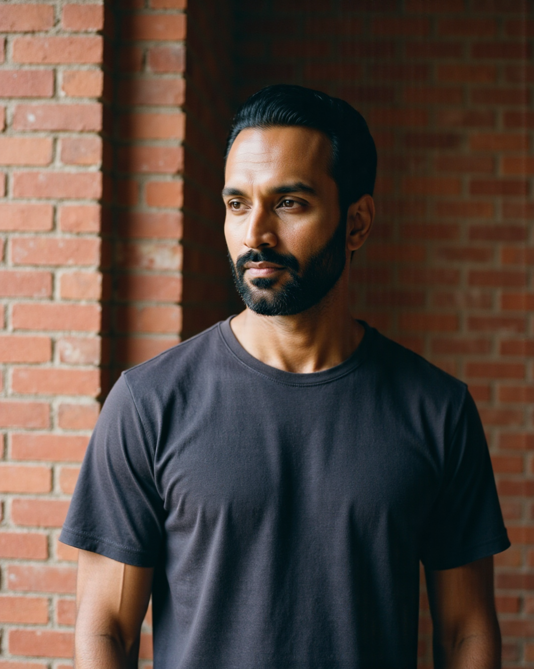 The Considered Tee in Navy — on model, box-fit cotton-lycra jersey