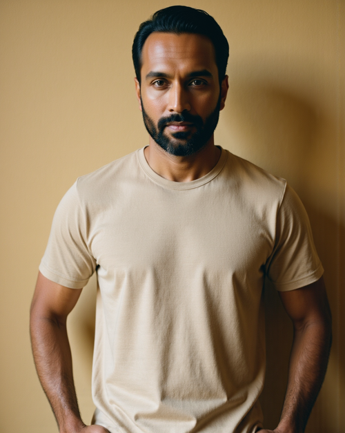 The Considered Tee in Oat — on model, box-fit cotton-lycra jersey