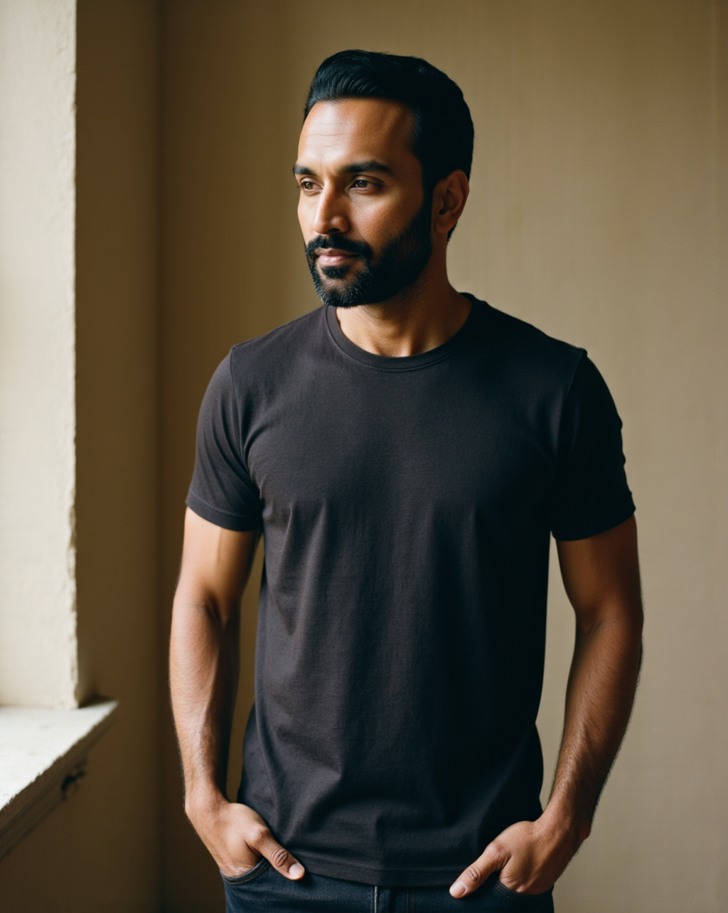 The Considered Tee in Onyx — on model, box-fit cotton-lycra jersey