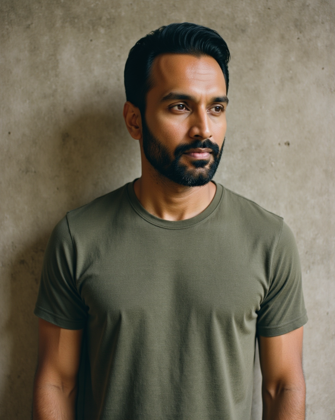 The Considered Tee in Sage — on model, box-fit cotton-lycra jersey