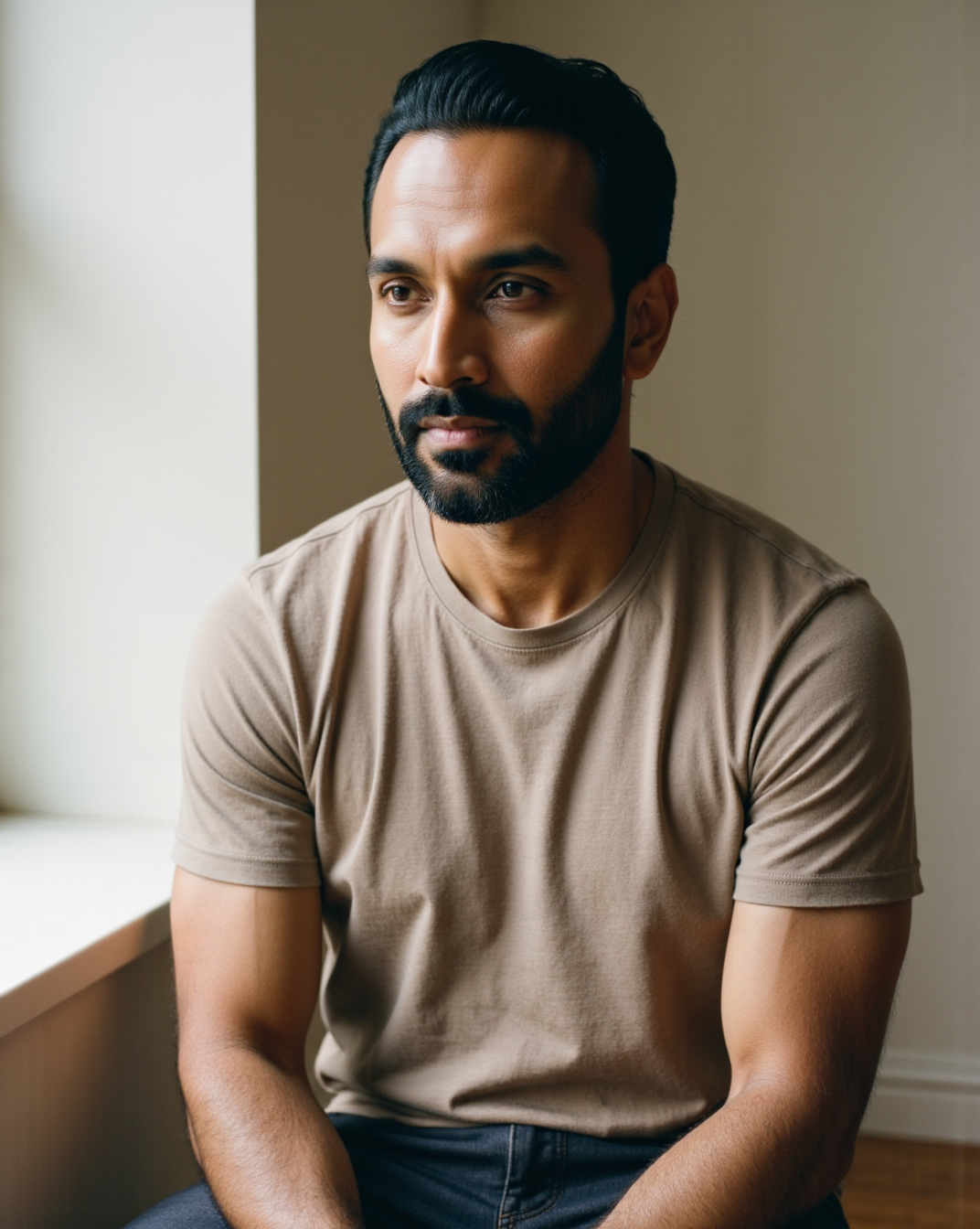 The Considered Tee in Taupe — on model, box-fit cotton-lycra jersey