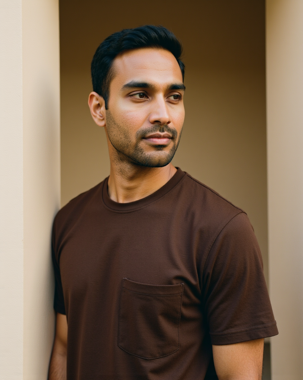 The Pocket Tee in Bistre — on model, oversized with chest patch pocket