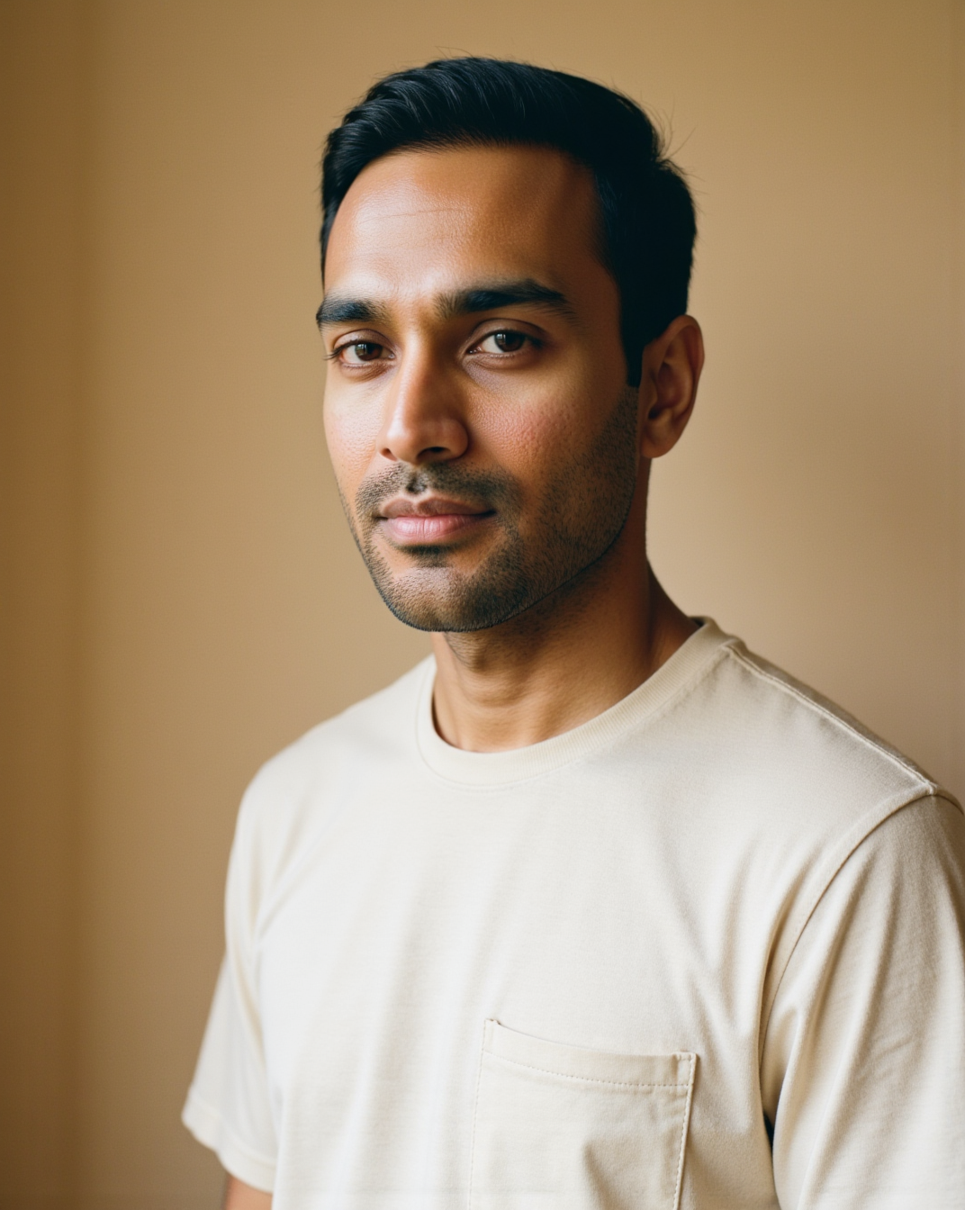 The Pocket Tee in Cream — on model, oversized with chest patch pocket