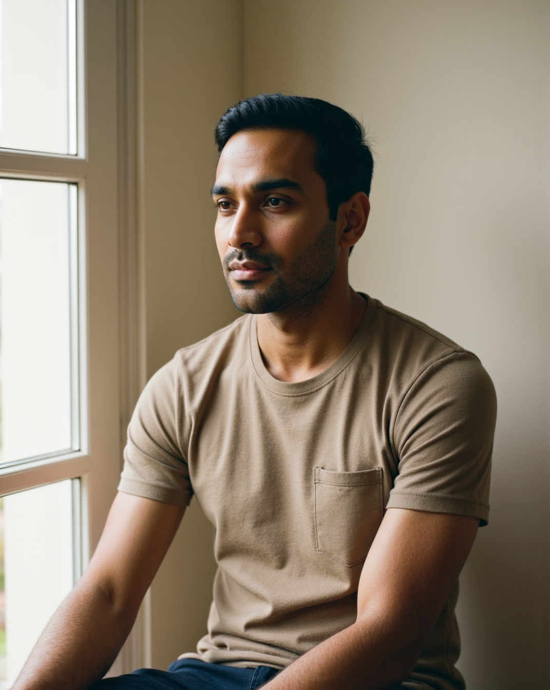 The Pocket Tee in Taupe — on model, oversized with chest patch pocket