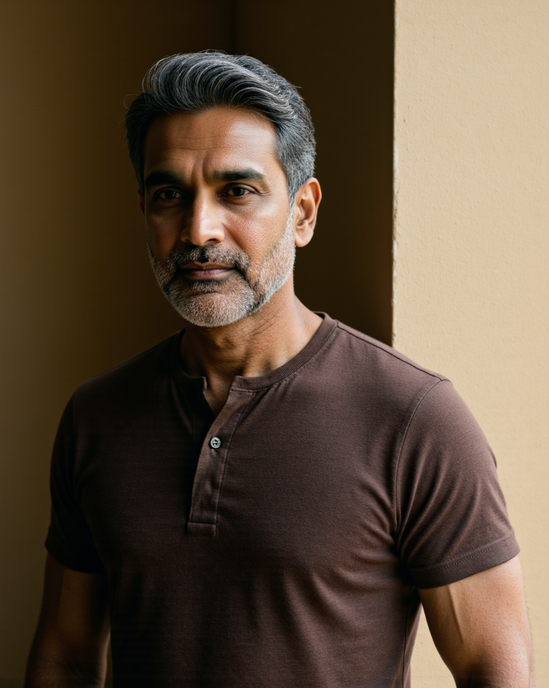 The Bistre Henley in Bistre — on model, three-button placket