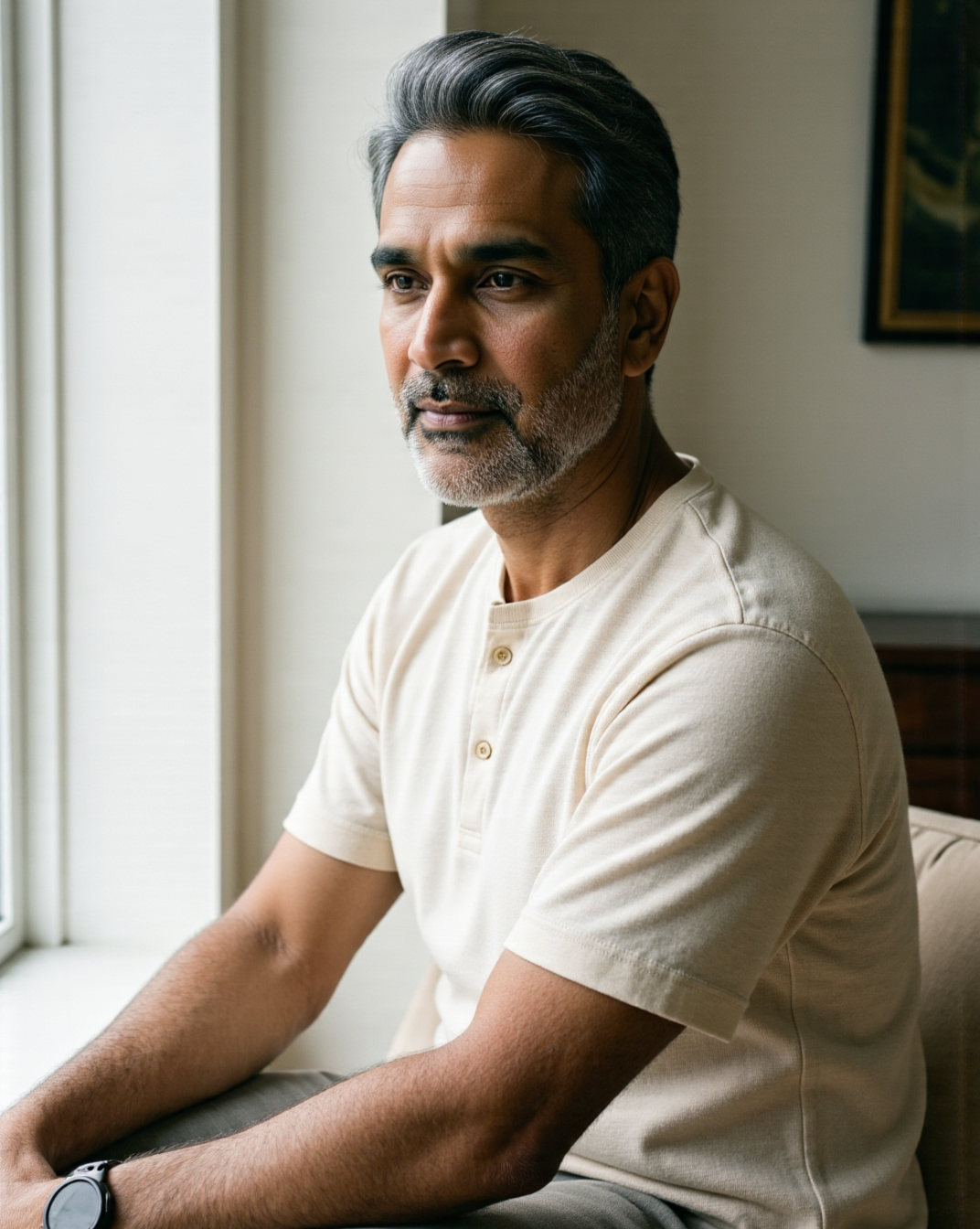 The Bistre Henley in Cream — on model, three-button placket