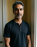 The Bistre Henley in Onyx — on model, three-button placket