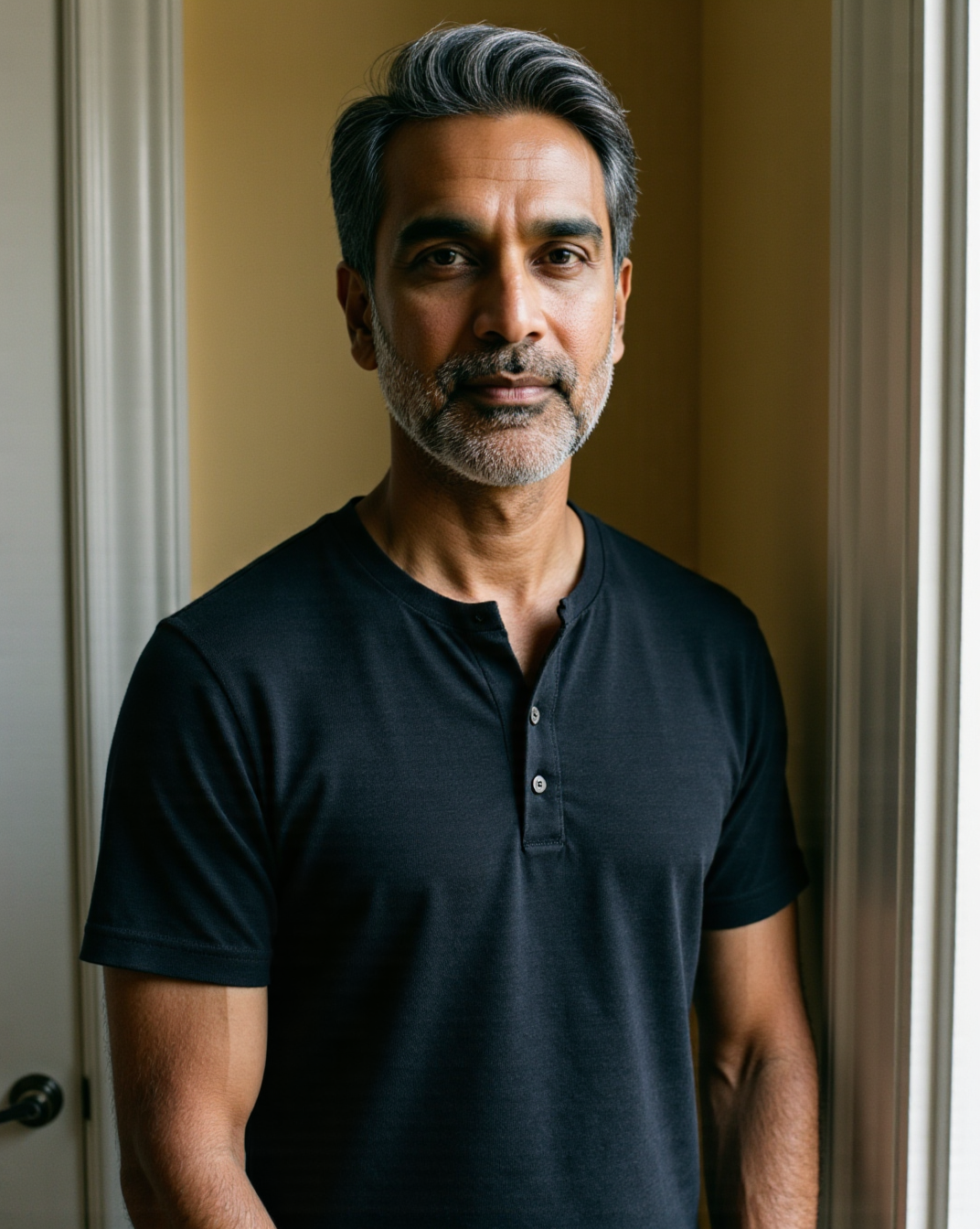 The Bistre Henley in Onyx — on model, three-button placket