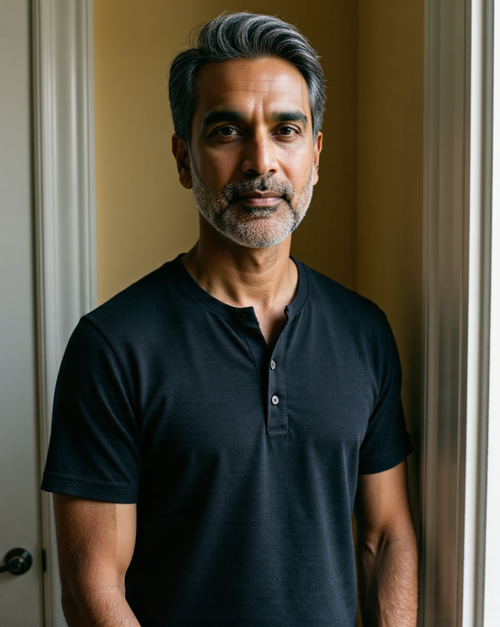 The Bistre Henley in Onyx — on model, three-button placket