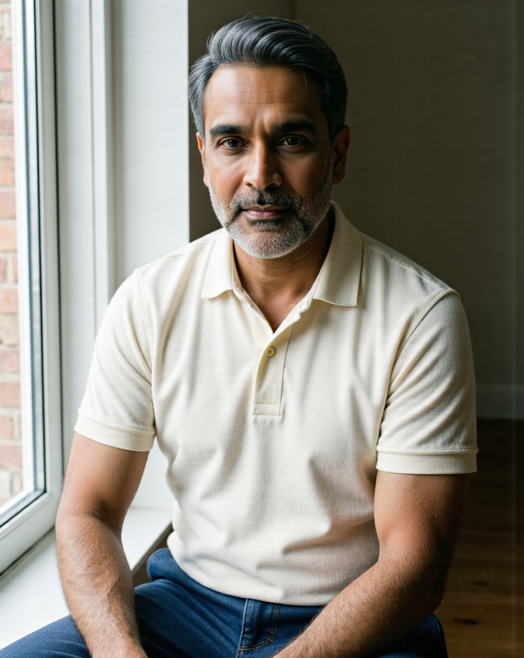 The Skipper Polo in Cream — on model, johnny collar, textured knit