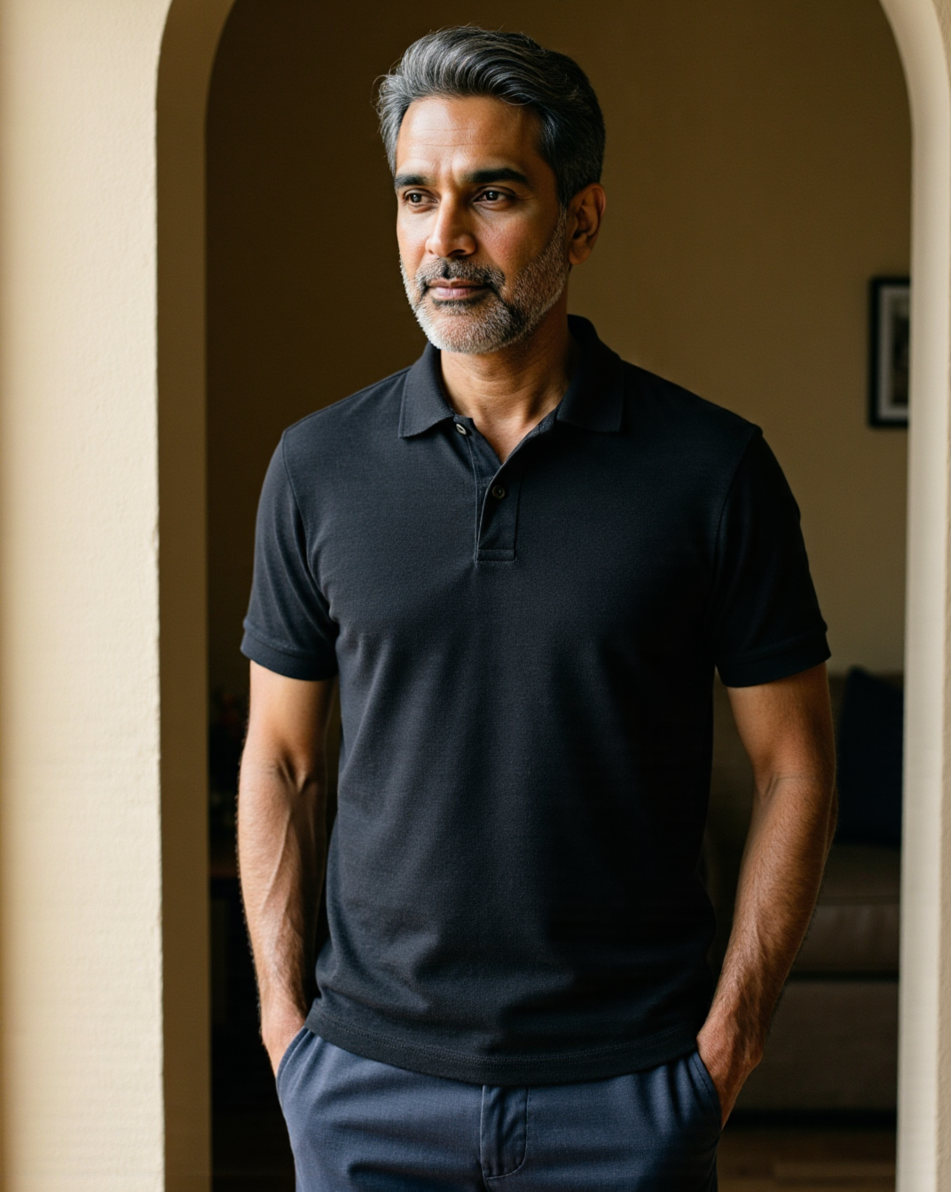 The Skipper Polo in Onyx — on model, johnny collar, textured knit