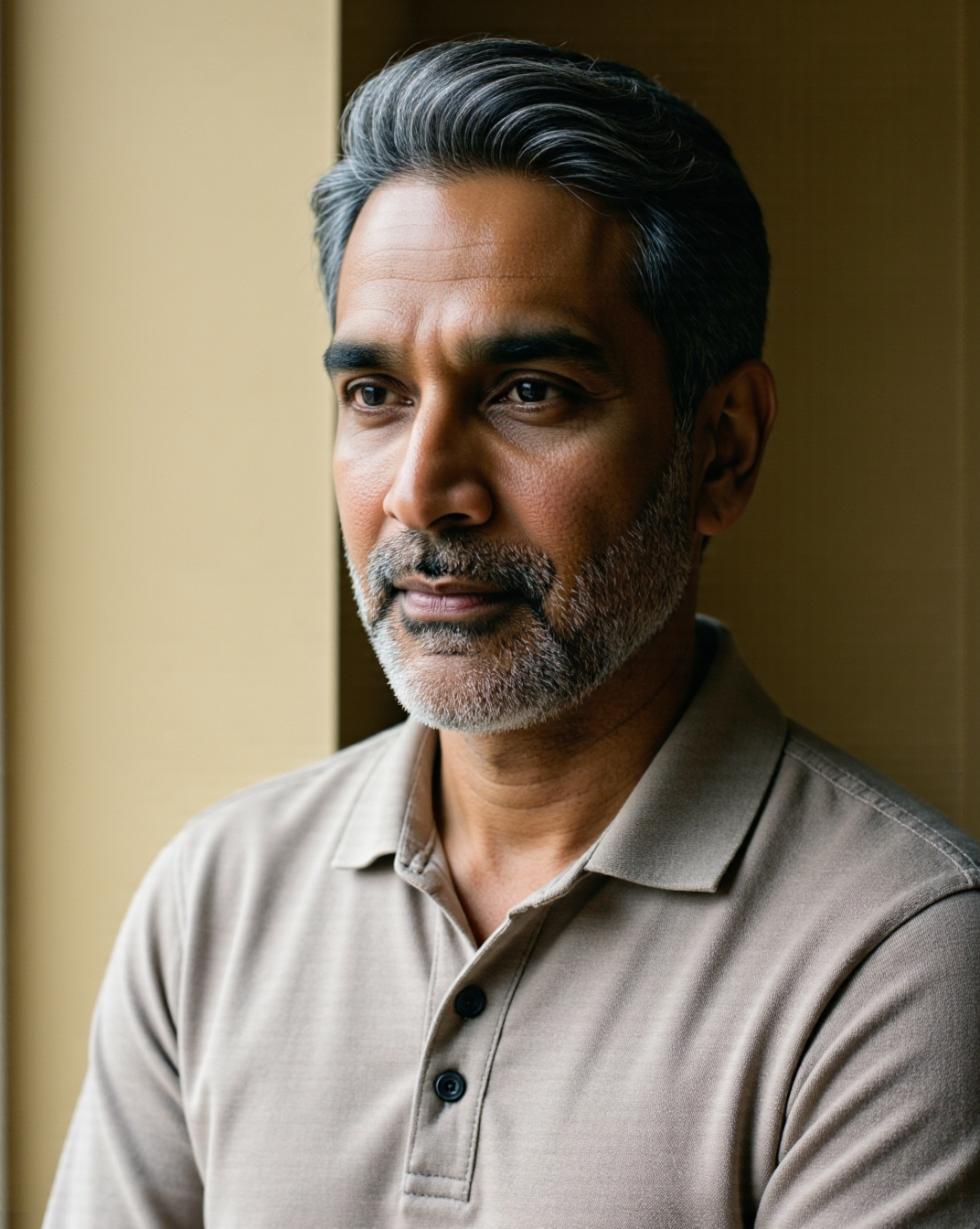The Skipper Polo in Taupe — on model, johnny collar, textured knit
