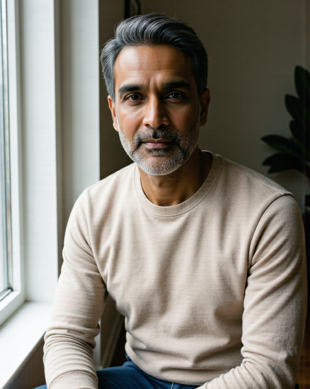 The Standard Long-Sleeve in Oat — on model, fine knit crew