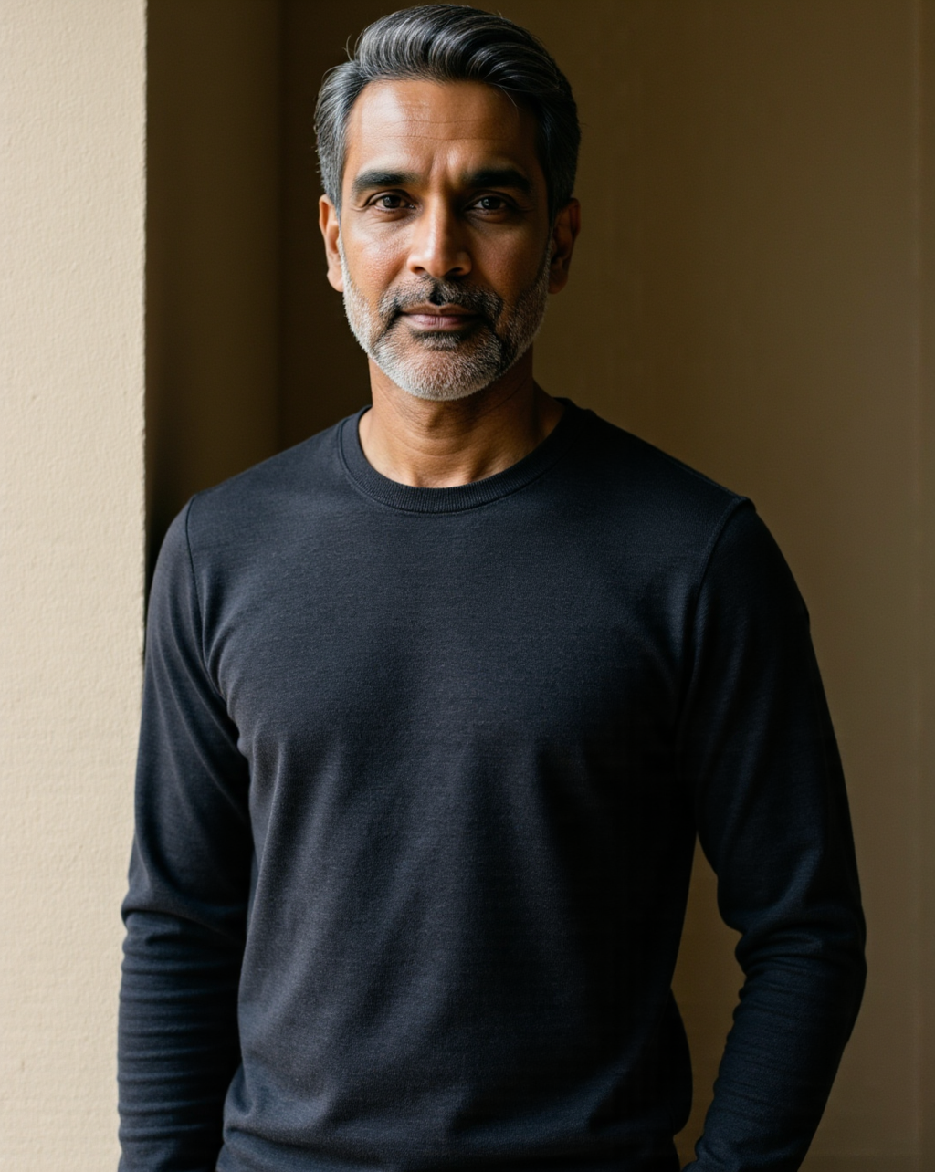 The Standard Long-Sleeve in Onyx — on model, fine knit crew