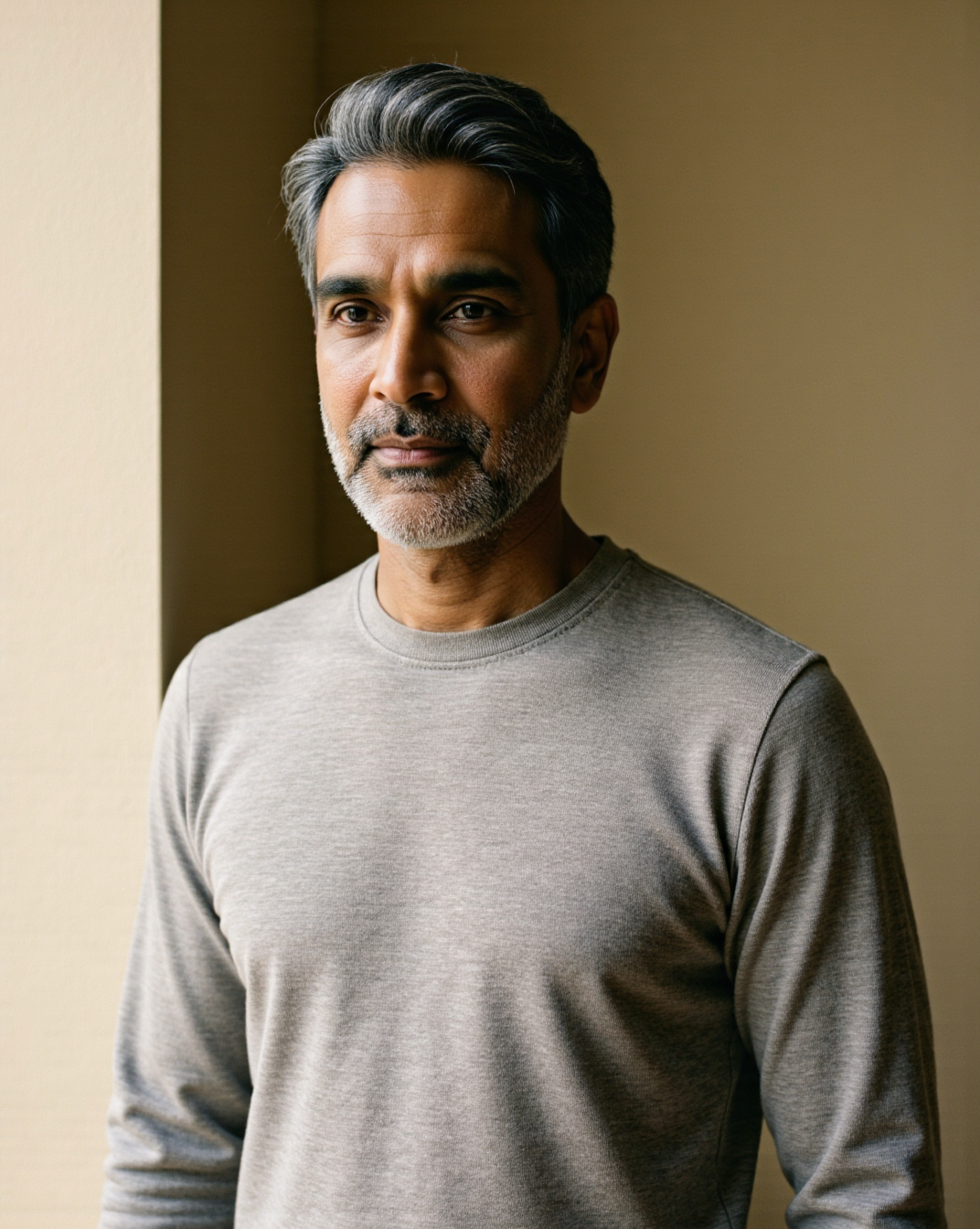 The Standard Long-Sleeve in Taupe — on model, fine knit crew