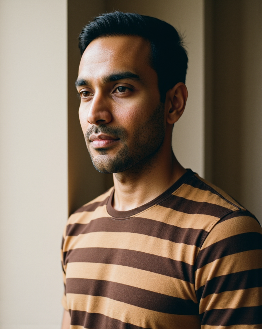 The Harbour Stripe Tee in Bistre / Oat — on model, yarn-dyed bands