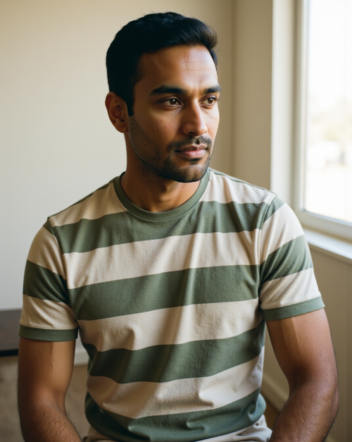 The Harbour Stripe Tee in Sage / Cream — on model, yarn-dyed bands