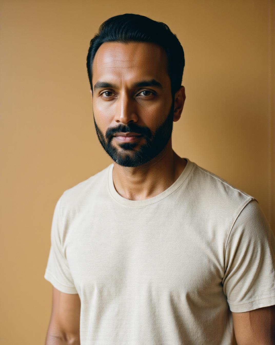 The Ottoman Tee in Cream — on model, fine ottoman-rib texture
