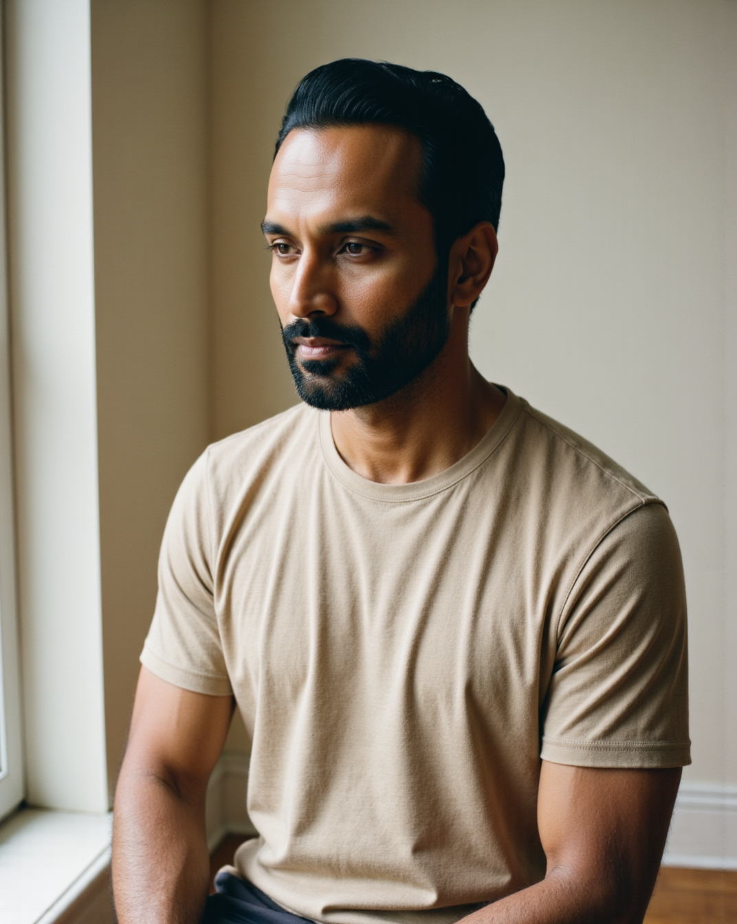 The Ottoman Tee in Oat — on model, fine ottoman-rib texture