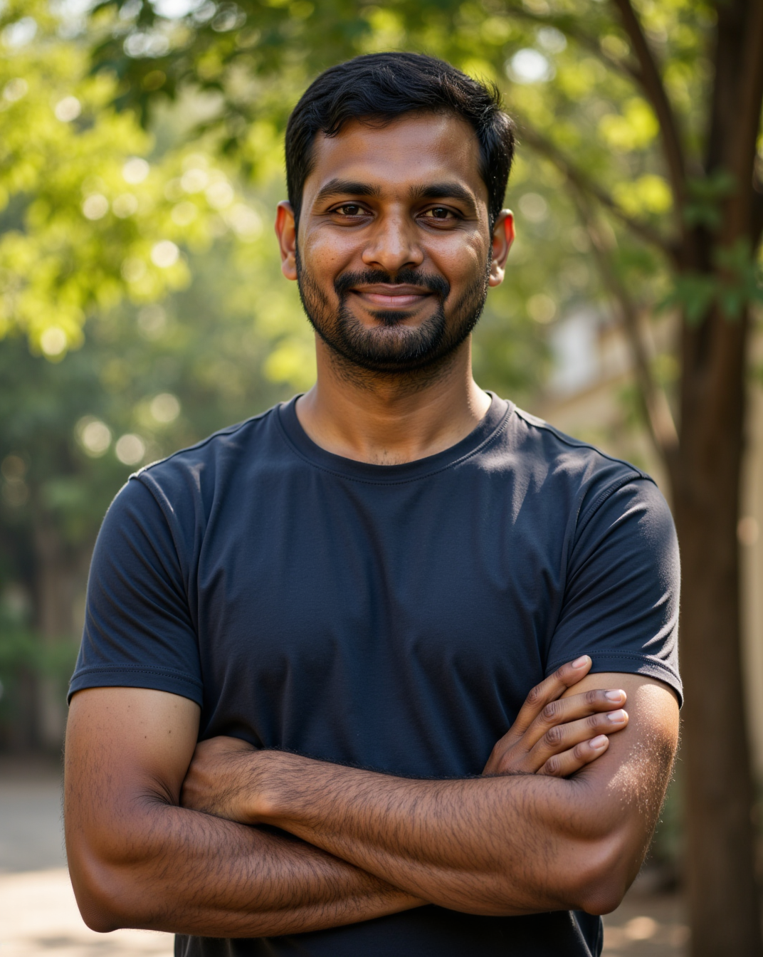 The Considered Tee in Navy — on model