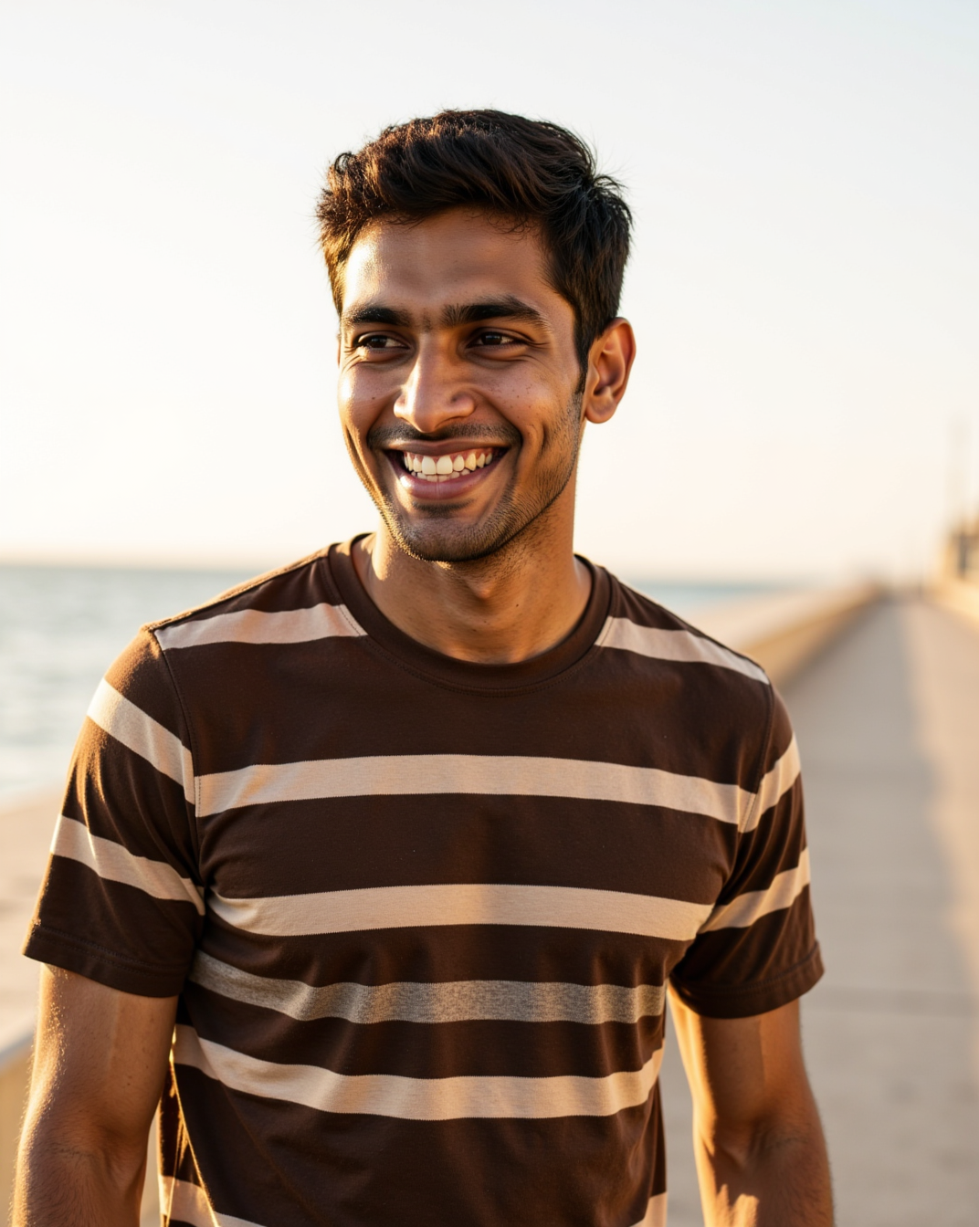 The Harbour Stripe Tee in Bistre/Oat — on model